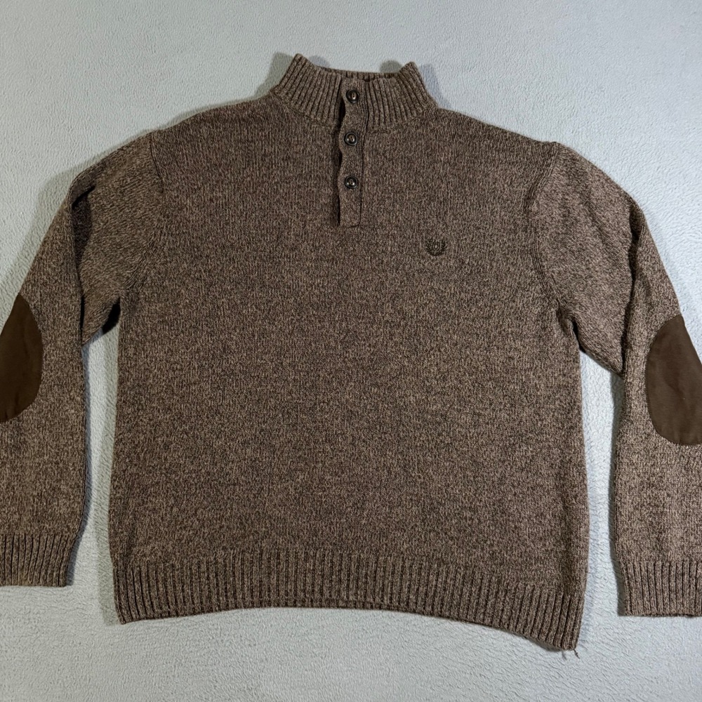 Chaps Mens XL Brown Quarter Button Up Mock Neck Knit‎ Sweater Elbow Patch Casual
